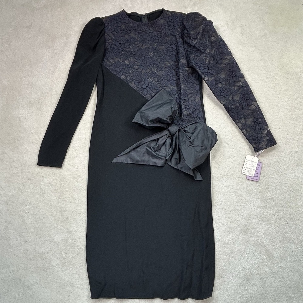 VTG 70s Mollie Parnis Studio Midi Dress Dead Stock Long Sleeve Black Lace Bow 8